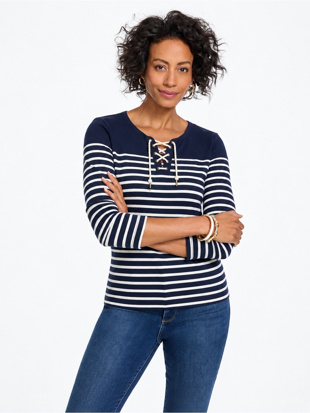 Striped Lace-Up 3/4 Sleeve Top in Navy & White